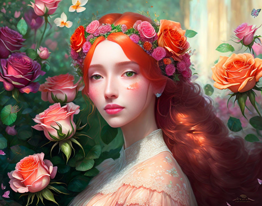 Digital artwork: Woman with red hair and rose crown in fantasy setting