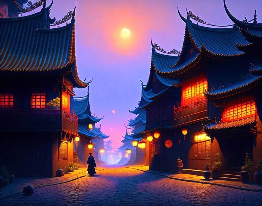 Digital artwork of person walking under full moon on lantern-lit Asian street