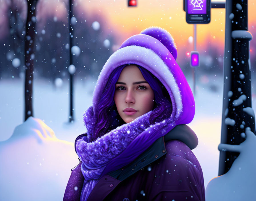 Woman in purple hooded coat in snowy dusk scene with street lights and snowflakes