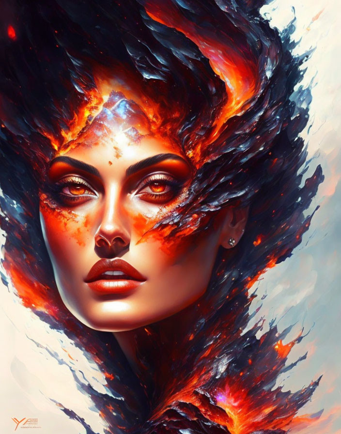 Digital Artwork: Woman with Fiery Hair and Ember Effects