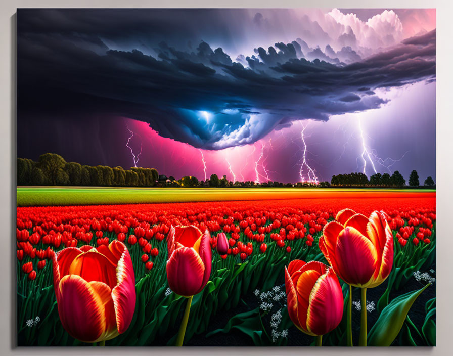 Dramatic stormy sky over vibrant red tulip field