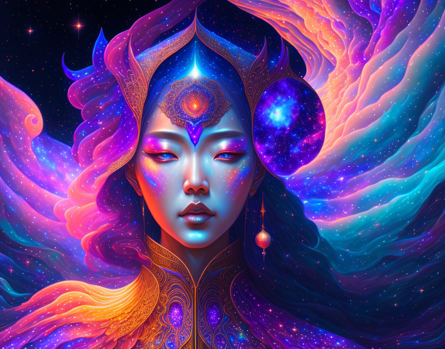 Colorful cosmic female figure with galaxy hair and jewel-encrusted forehead.