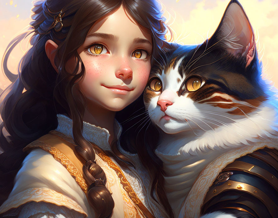 Digital Artwork: Girl with Braided Hair and Cat in Dreamy Setting