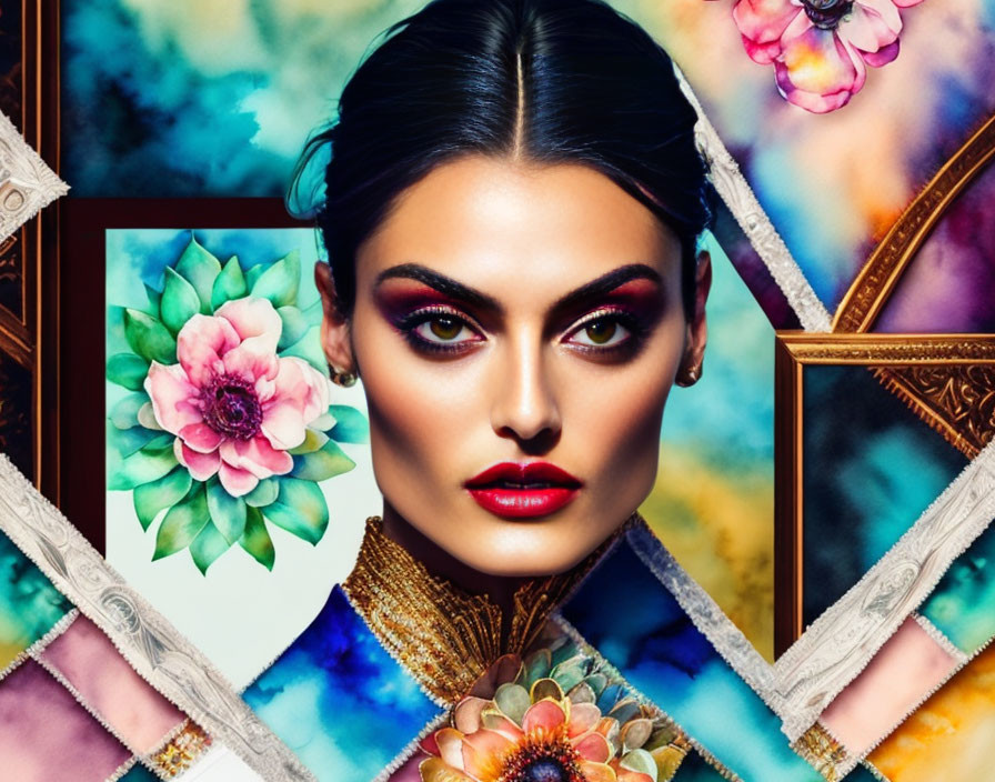 Woman with Striking Makeup and Floral & Geometric Patterns