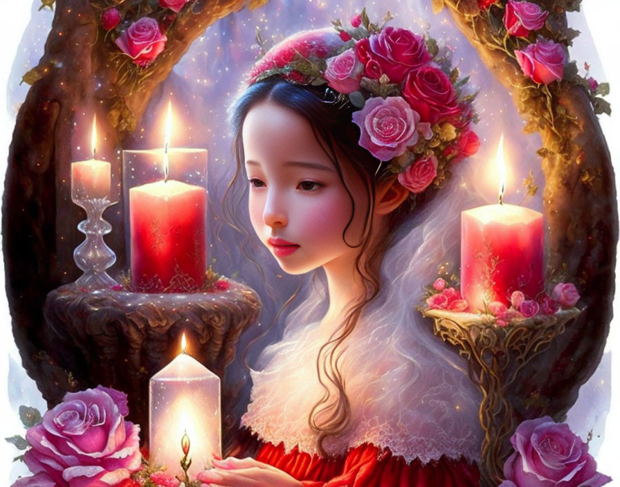 Portrait of girl with floral crown, red candles, roses, red lace dress, dreamy background