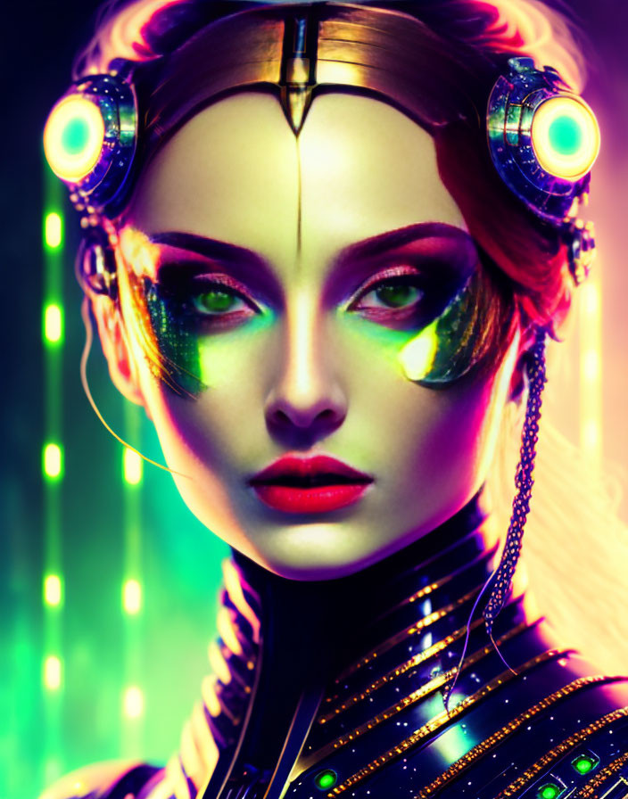 Futuristic cybernetic woman with glowing implants and headphones