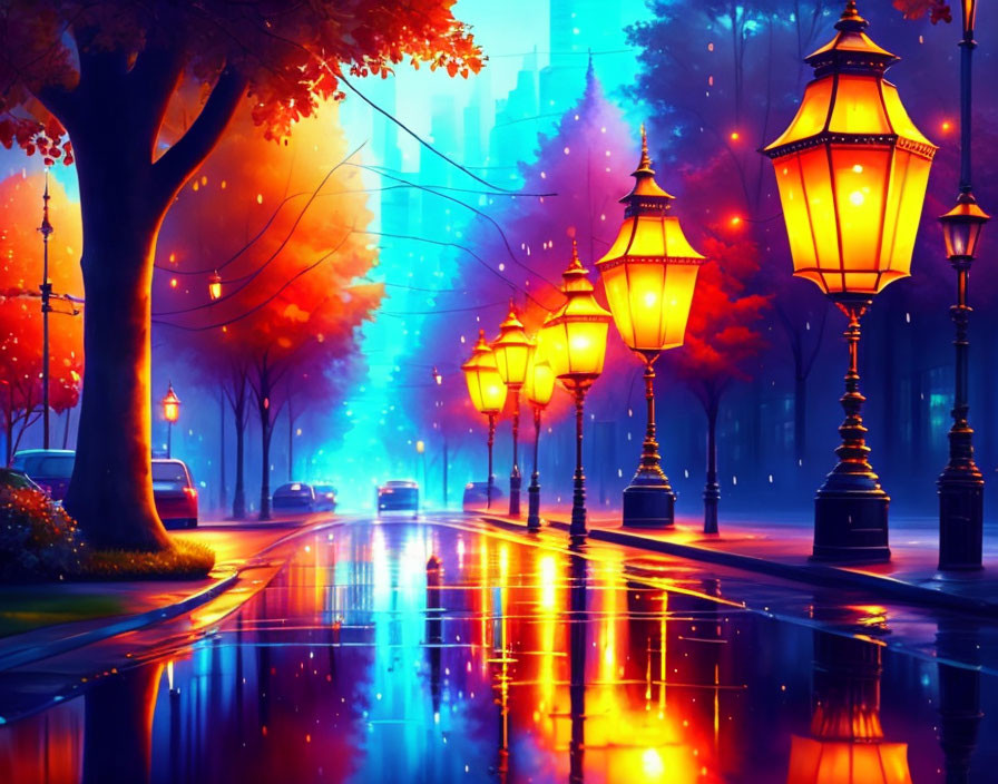 City street at dusk: Glowing lampposts, wet pavement, blue and orange haze