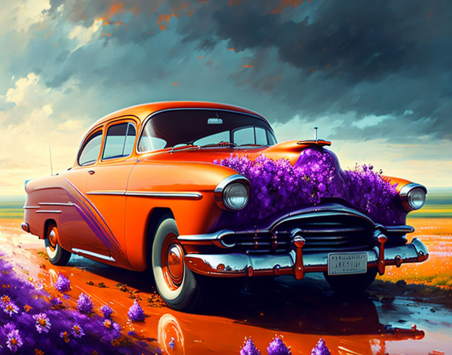 Classic Orange Car with Purple Flowers and Sunset Sky