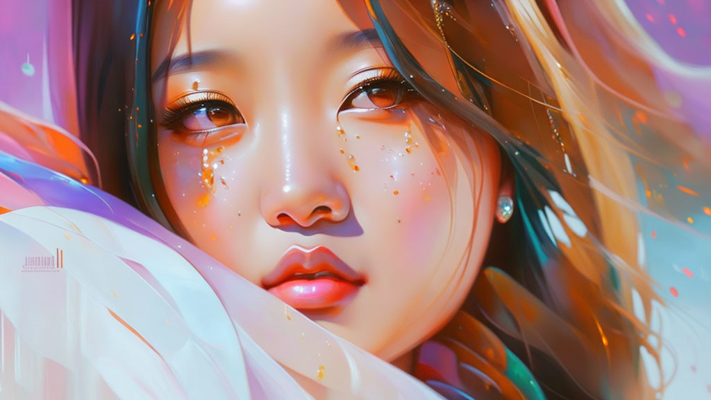 Vibrant digital painting of young woman with flowing hair & glittering freckles