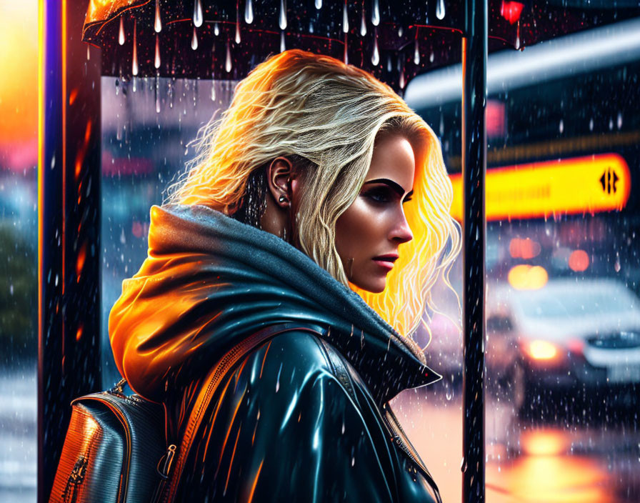 Blonde woman standing by phone booth at night in rain