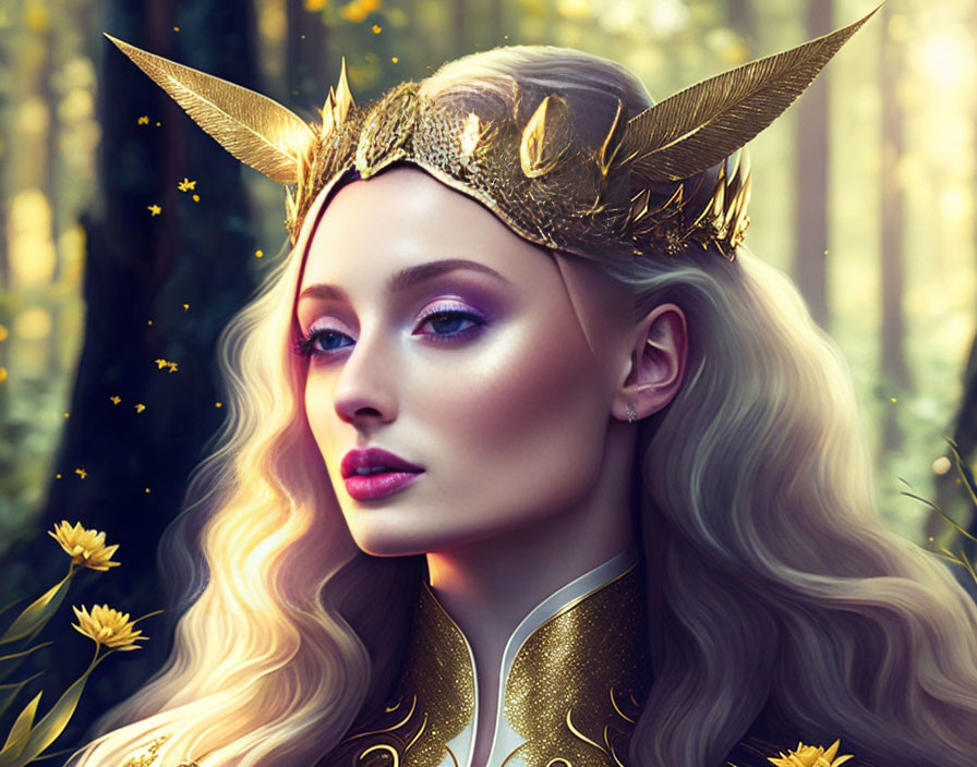 Digital artwork: Woman with golden crown in enchanted forest