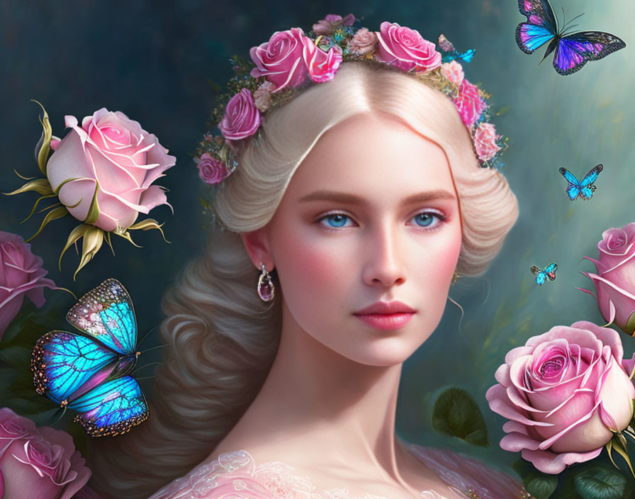 Portrait of woman with pale skin, blue eyes, floral crown, roses, and blue butterflies