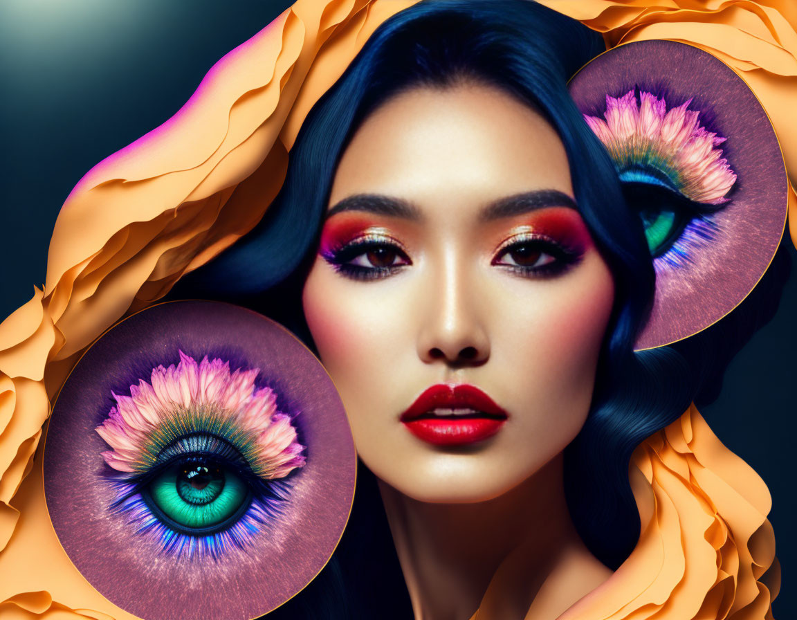 Vibrant makeup with magnified flower irises on dark background