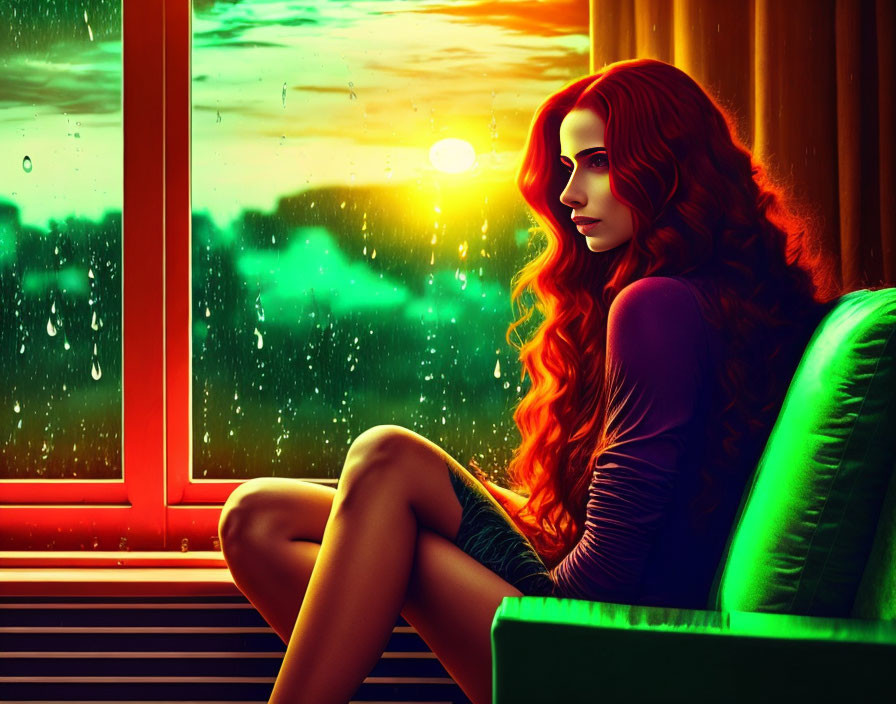 Red-haired woman gazes at rainy window sunset scene