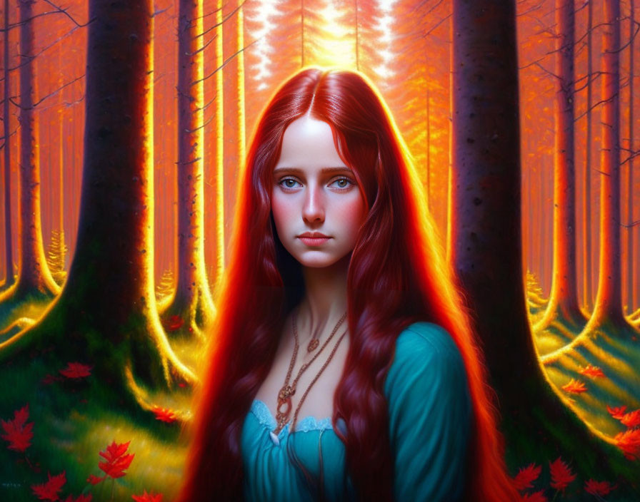 Vibrant digital artwork of woman in surreal forest