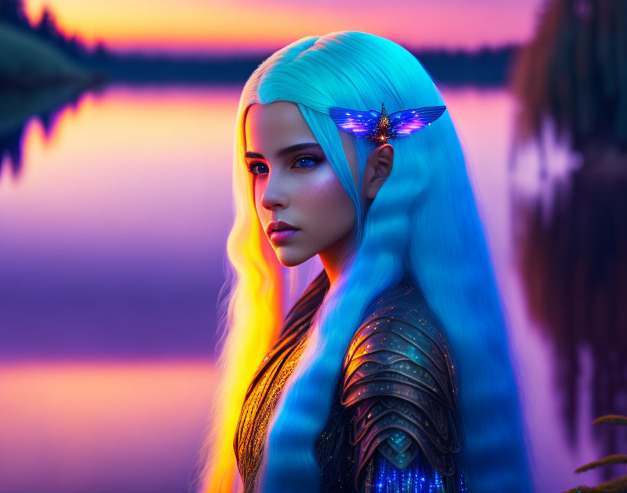 Fantasy portrait of female character with vibrant blue hair and dragonfly ornament against colorful sunset backdrop by lake