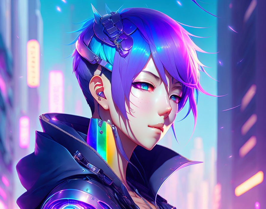 Character with Blue Hair, Cybernetic Earpiece, and Pink Glowing Eyes in Neon City