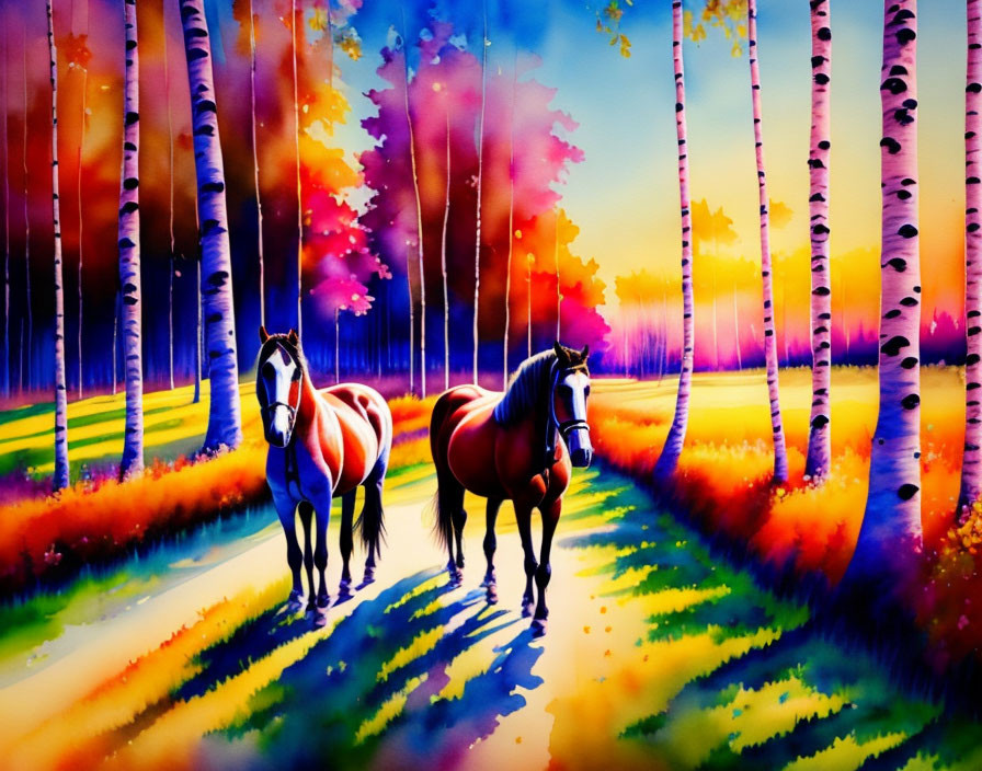 Colorful painting of two horses in stylized forest with birch trees and multicolored sky