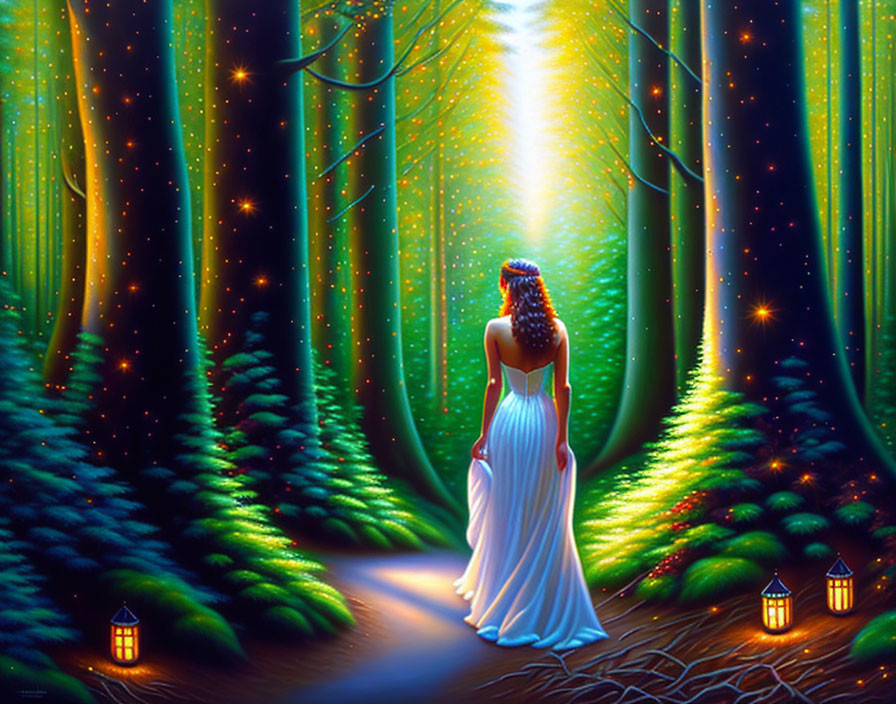 Woman in white dress in mystical forest with glowing lanterns and radiant light beam