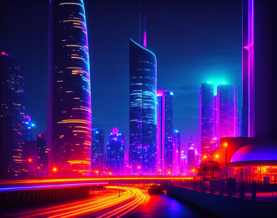 Futuristic cityscape at night with neon-lit skyscrapers and light trails.