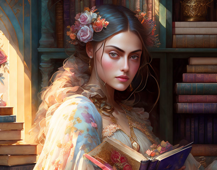 Portrait of a woman with striking eyes and floral hair adornments holding a book