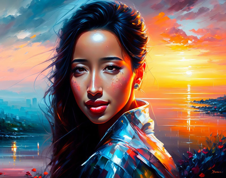 Vibrant digital portrait of woman with glossy lips at sunset