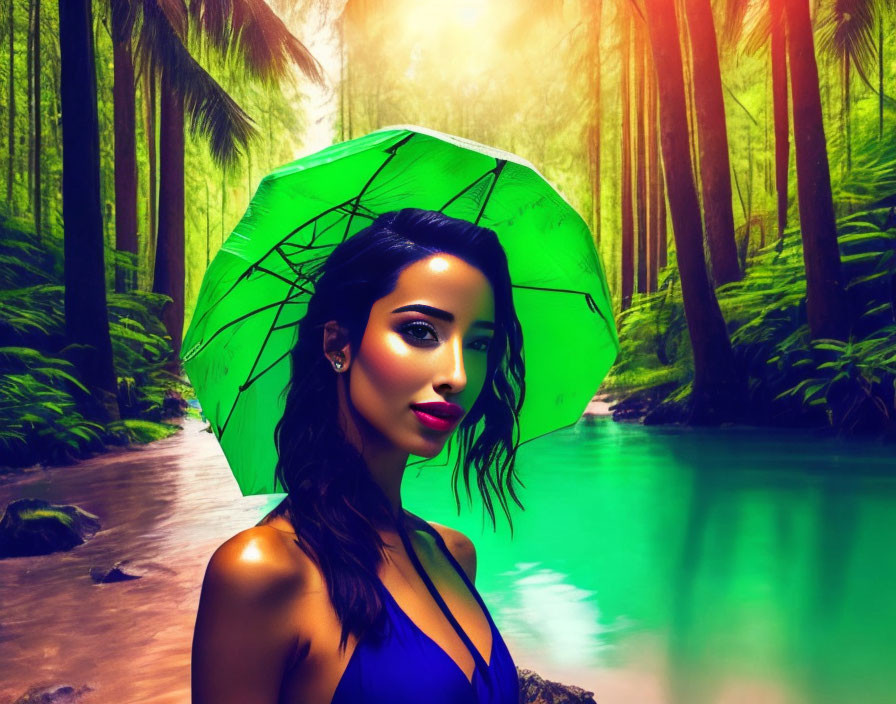 Woman with green umbrella in lush tropical forest by turquoise river