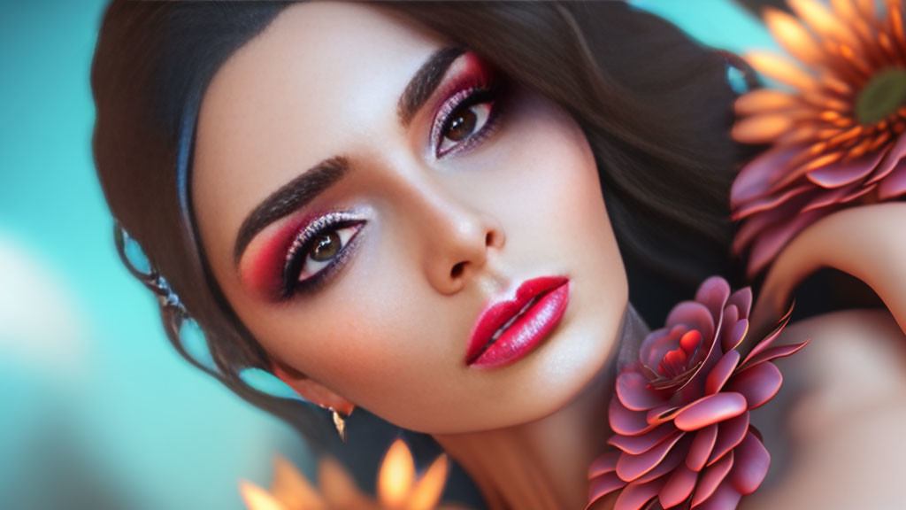 Vibrant red eyeshadow and glossy lips in digital portrait with orange flowers