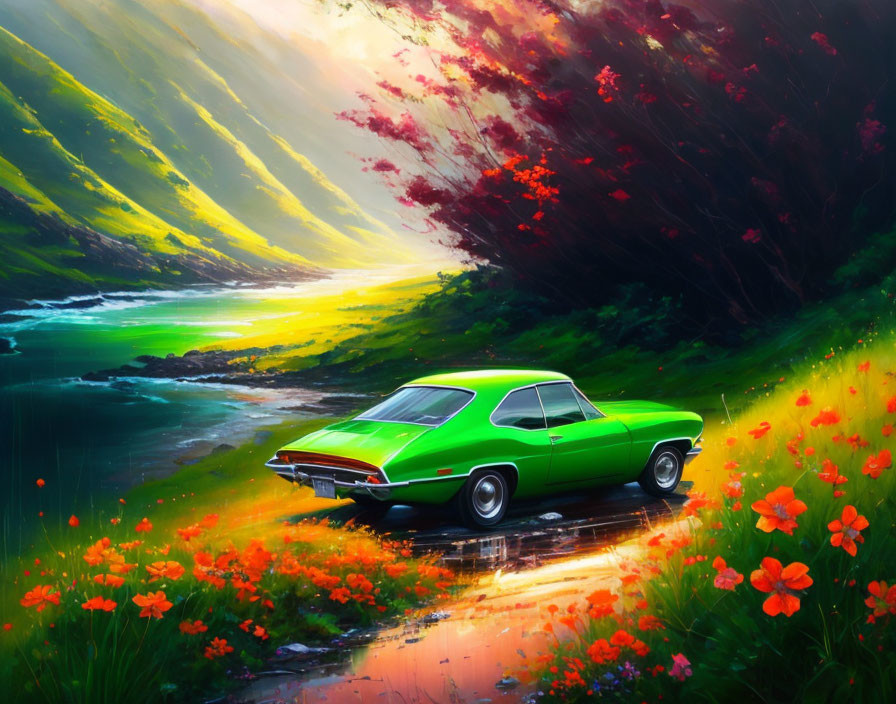 Classic Green Car Parked in Field of Red Flowers with Sunset and Stream