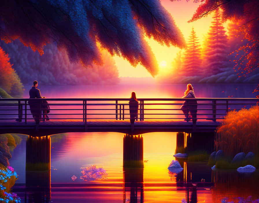 Vibrant digital artwork: Three figures on bridge over serene lake at sunset