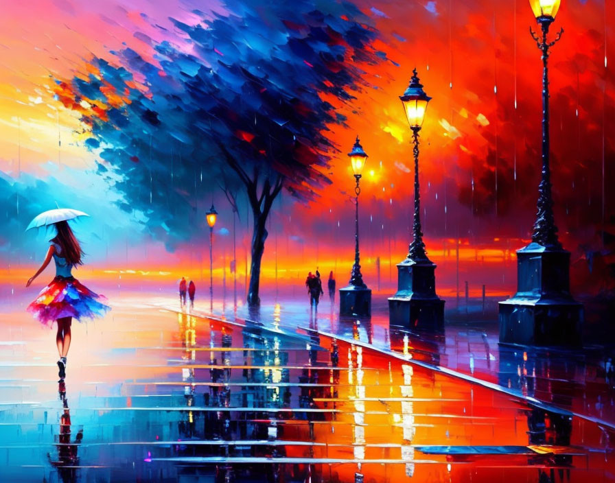 Colorful painting of woman with umbrella in rain-soaked street