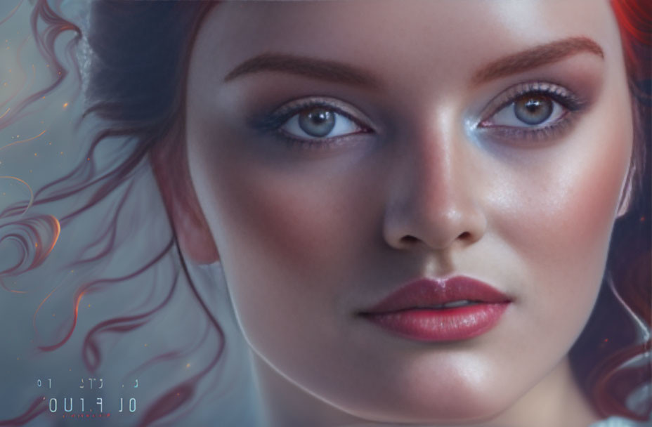 Close-Up Digital Portrait of Woman with Fair Skin, Blue Eyes, and Curly Red Hair