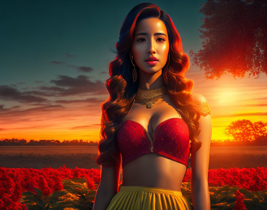 Woman with long curly hair in red top and yellow skirt against vivid sunset with red flowers and lone tree