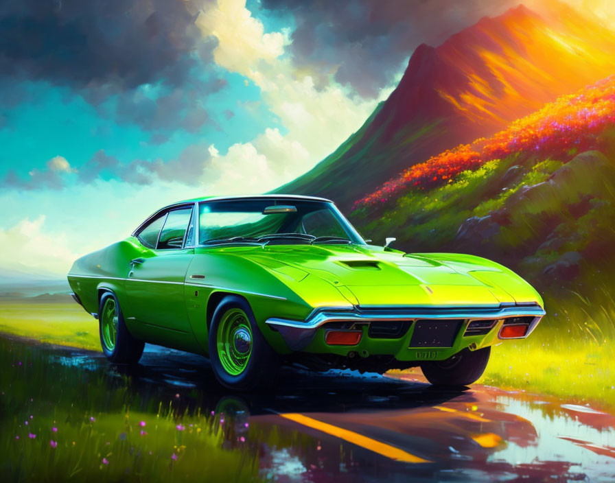 Classic Green Car Parked in Colorful Landscape with Mountains & Sunset