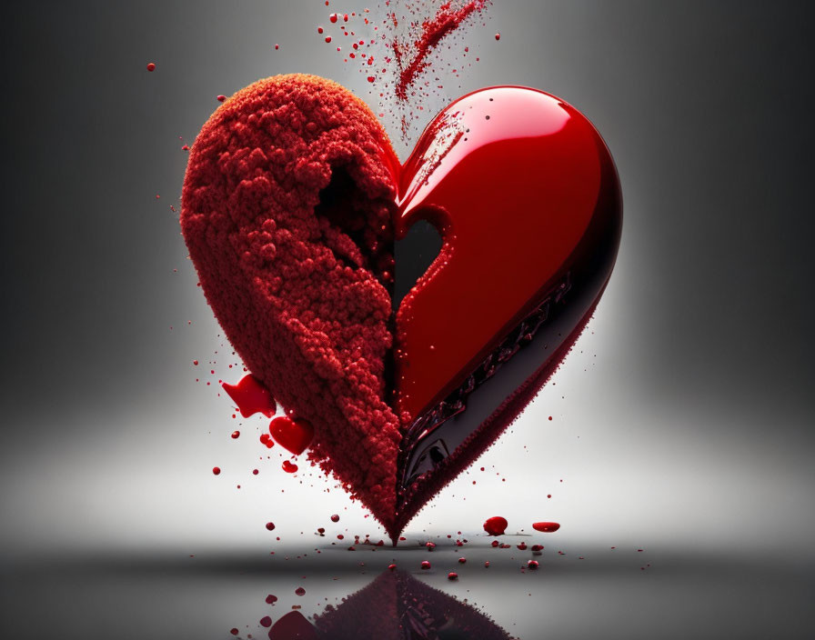 3D illustration: Heart split in two, one side smooth, the other crumbling