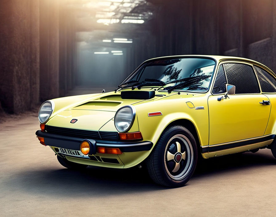 Classic Yellow Sports Car with Black Stripes in Dimly Lit Tunnel