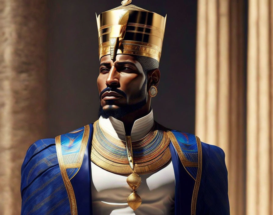 Ancient Egyptian Pharaoh in Golden Crown and Blue/Gold Attire