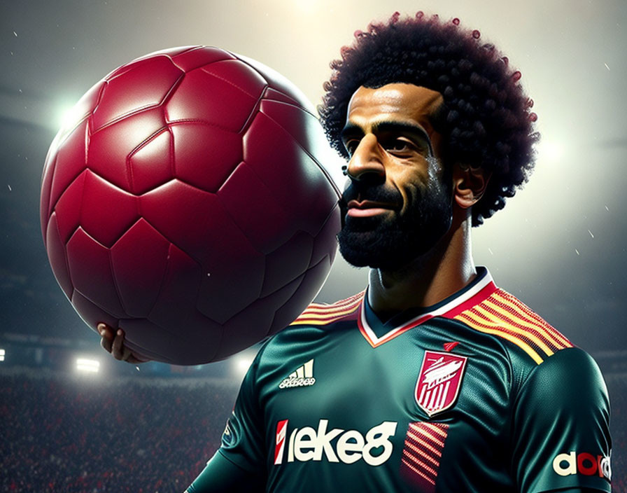 Digital artwork of male soccer player with iconic afro and red soccer ball in stadium.