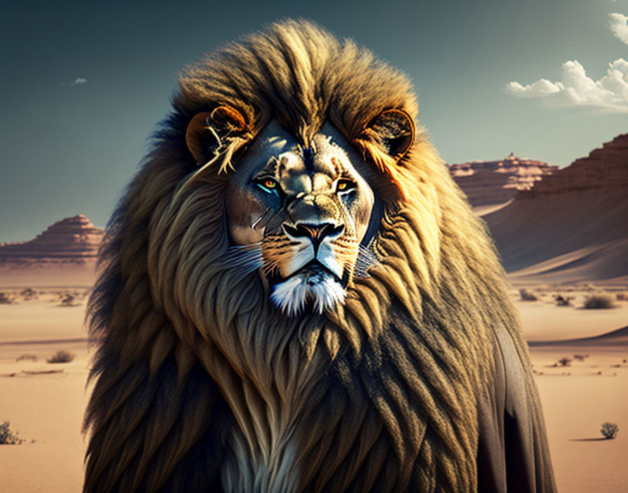 Majestic lion with full mane in desert landscape with mountains and clear sky