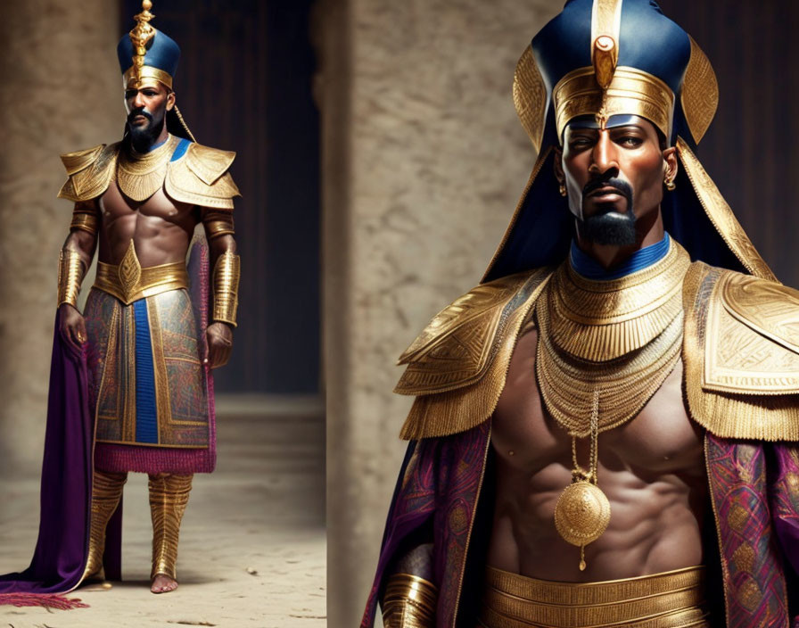 Ancient Egyptian Pharaoh in Gold Armor and Blue Headdress