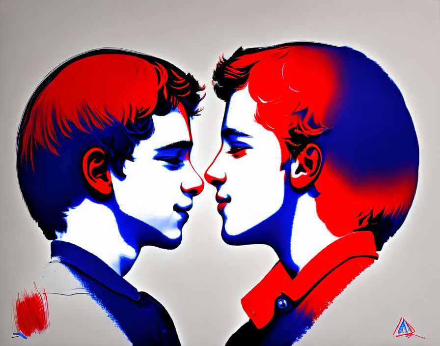 Stylized male profiles in red and blue hues with symbolic brushstroke on gray background