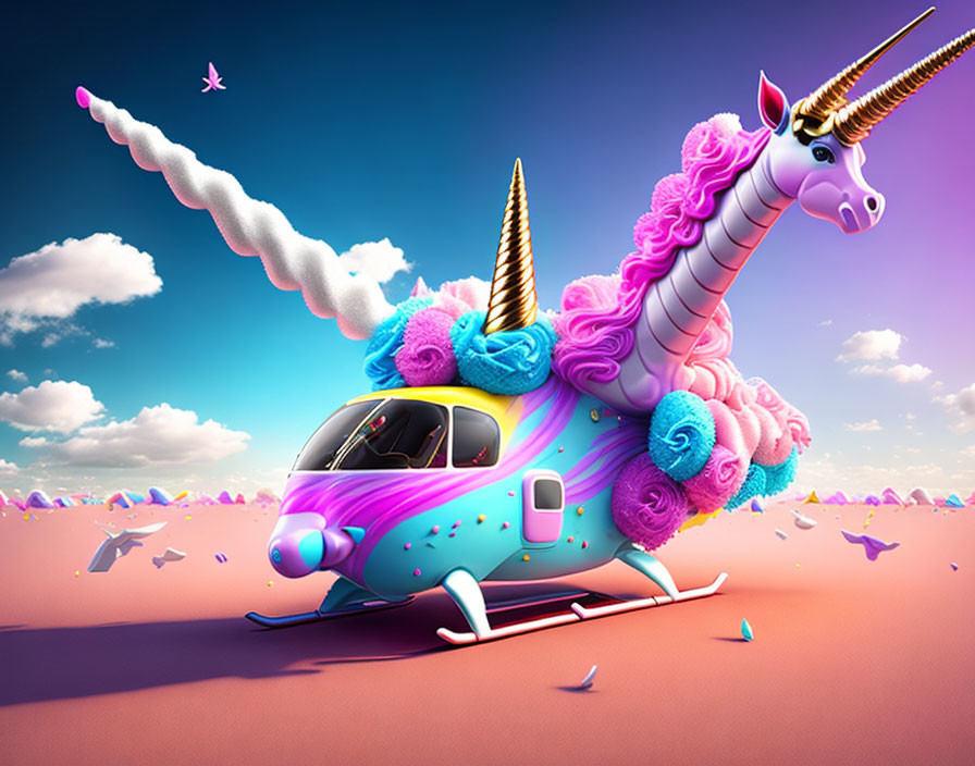 Colorful unicorn-themed helicopter flying in dreamy sky