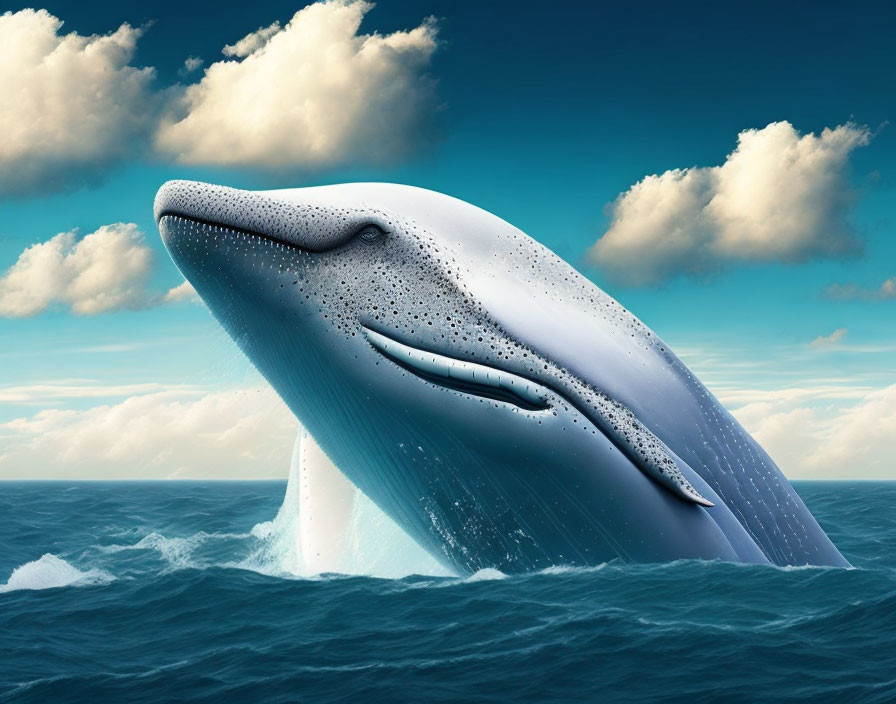 Gigantic blue whale breaching under clear sky