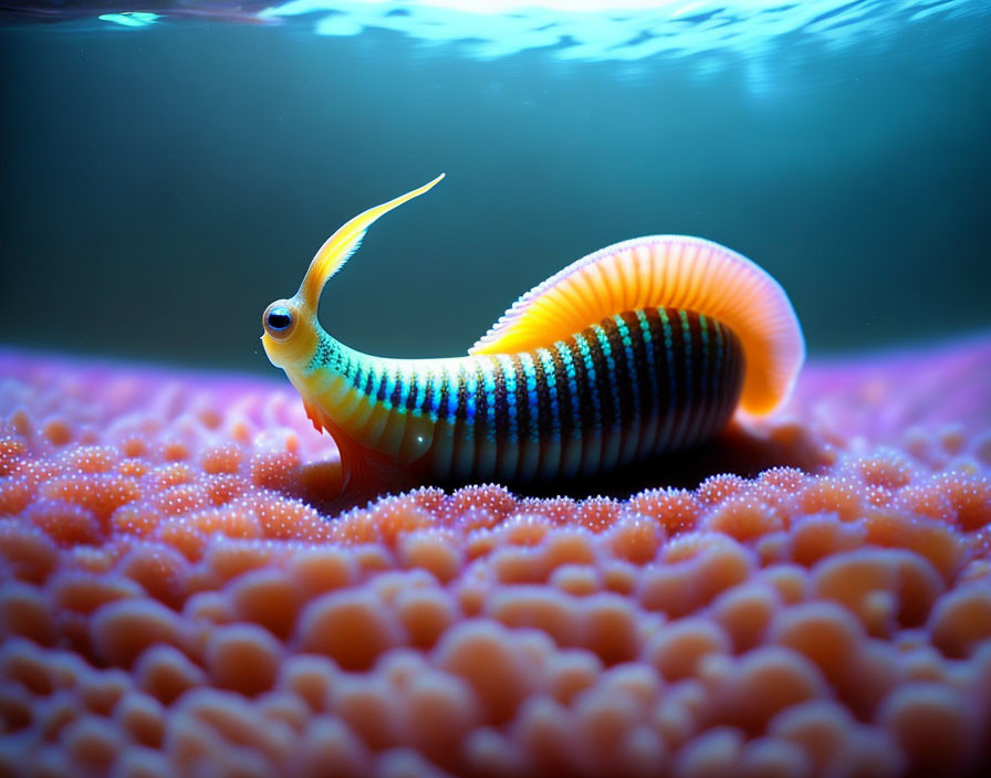 Colorful Polychaete Worm on Pink Coral with Blue and Pink Lighting