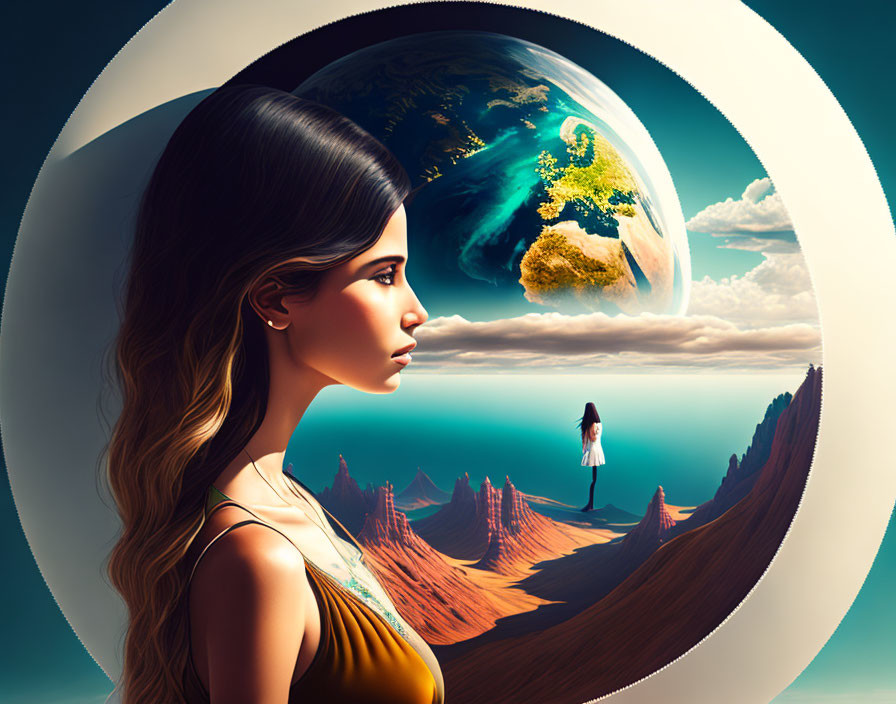 Surreal illustration of woman and miniature figure under giant floating earth in twilight sky