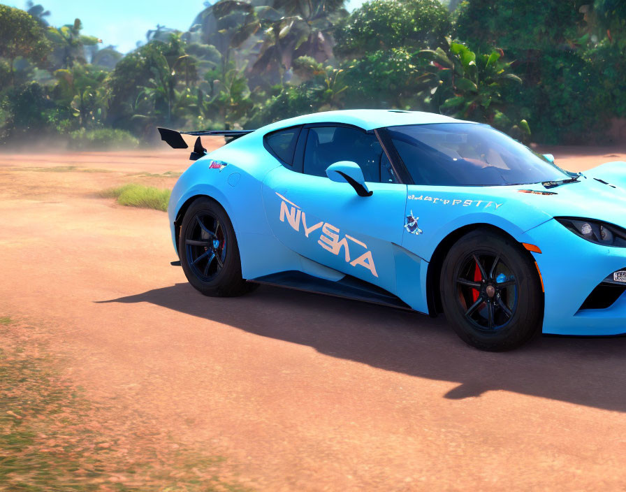 Blue Sports Car with Black Wheels and Racing Decals on Dirt Road Amid Tropical Foliage