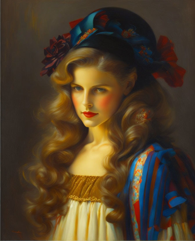 Portrait of Woman with Long Blonde Hair in Cream Dress and Blue Hat with Red Flower on Dark Background