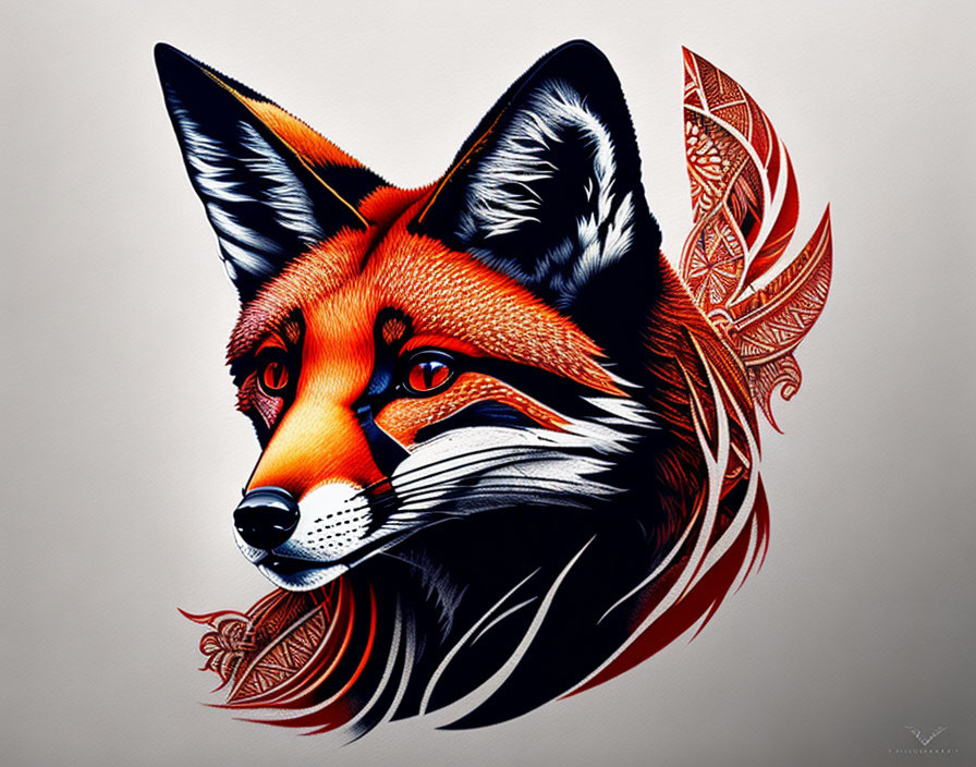 Vibrant fox head illustration with tribal patterns on plain background