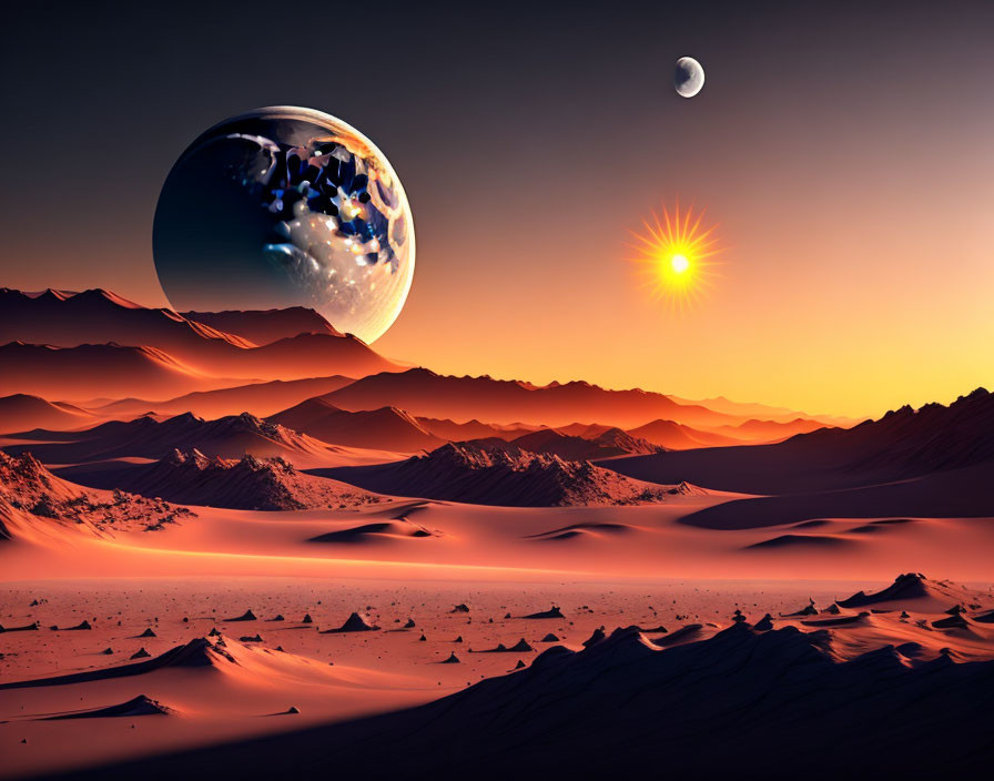 Surreal landscape with orange sand dunes, starry sky, Earth-like planet, and bright