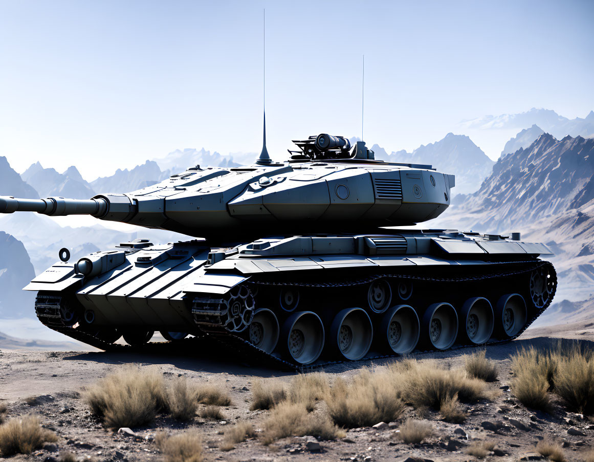 Modern Battle Tank in Desert Landscape with Rocky Mountains